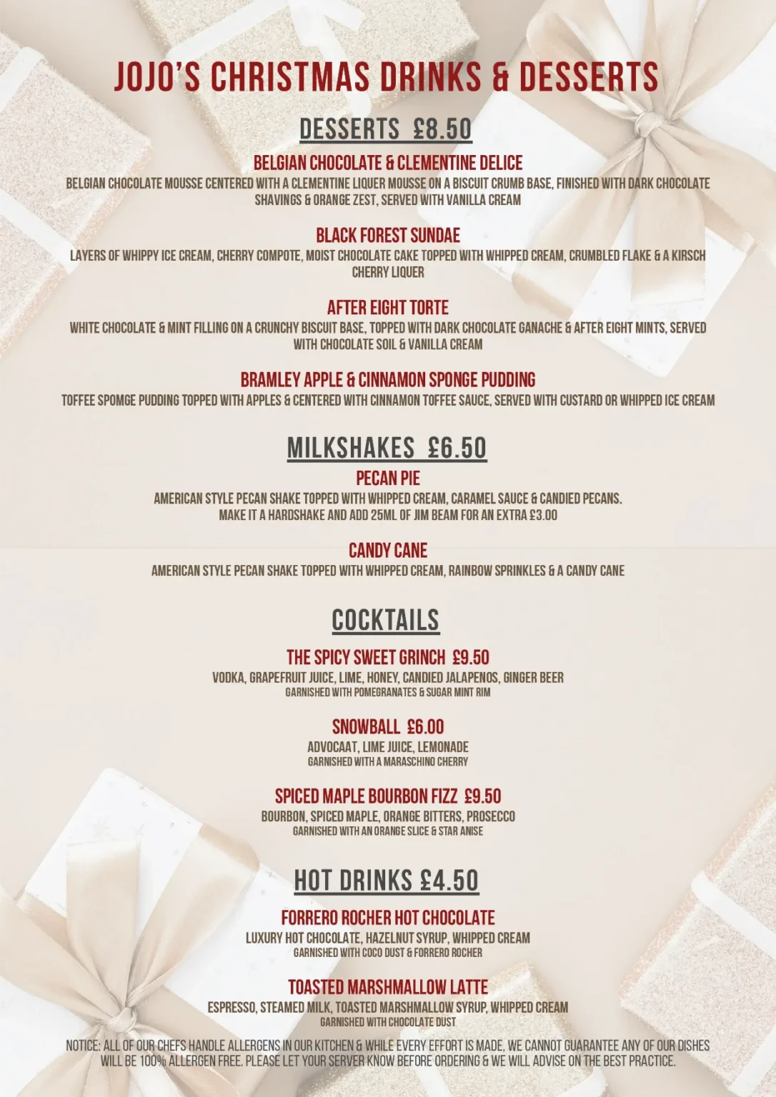 JOJO's Christmas Drinks and Desserts Menu
